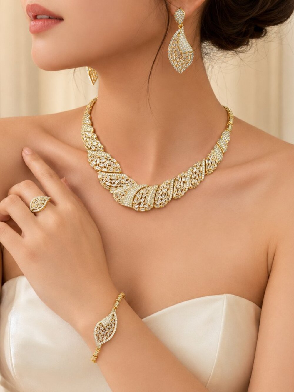 Luxury Dubai Style Gold Tone CZ Bridal Set Necklace Earrings Bracelet Ring